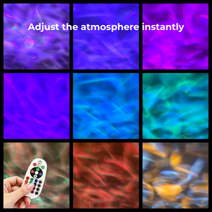 Color-changing ambient water ripple light effects with remote control for customizable room atmosphere.