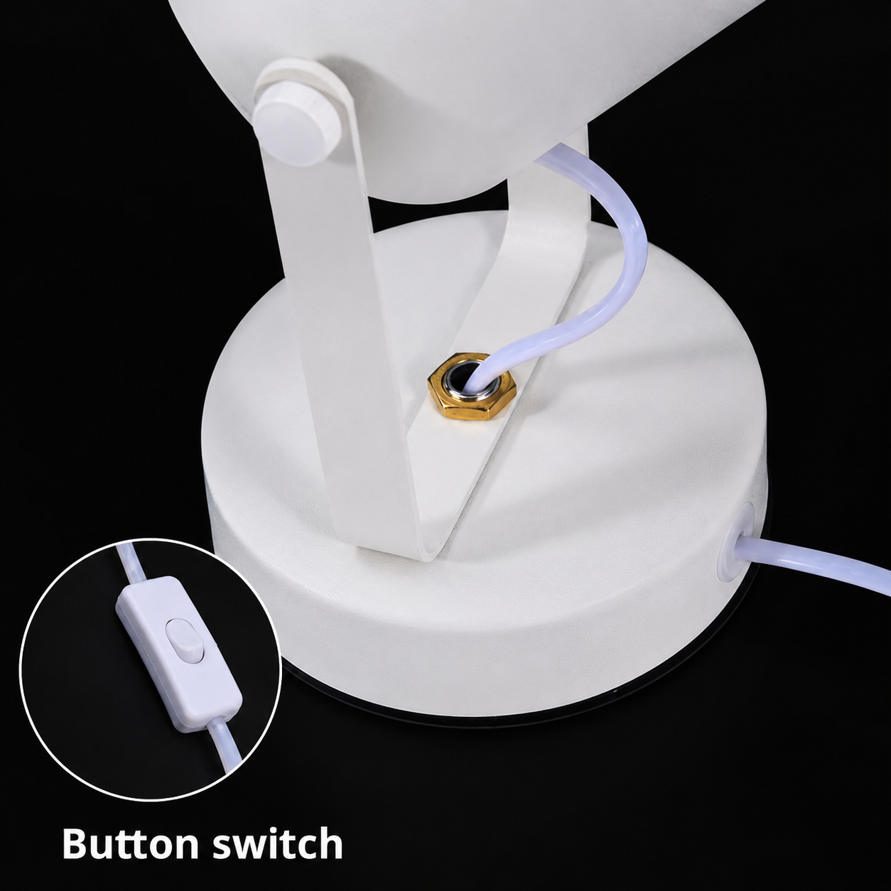 Close-up detail of the ambient water ripple projector base with integrated button switch and premium white finish.